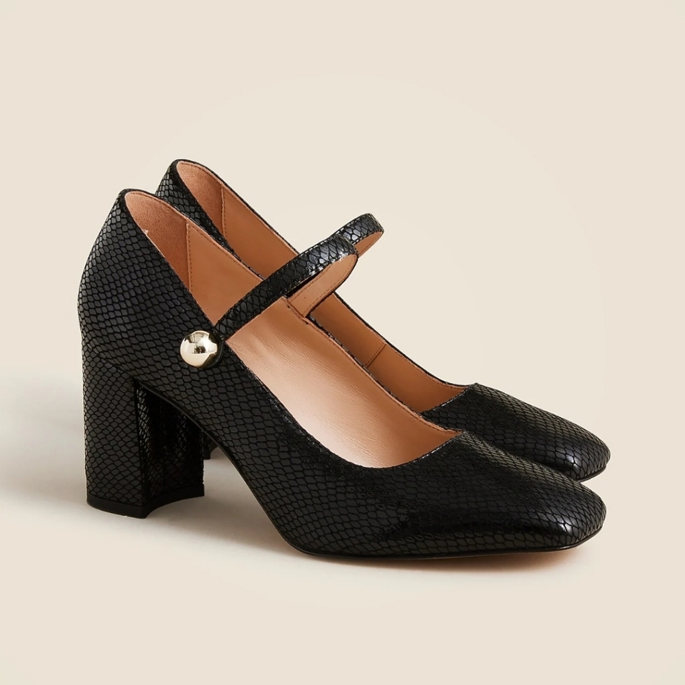 NEW J. CREW Maisie Mary Jane Black heels snake-embossed Italian leather Size 9.5